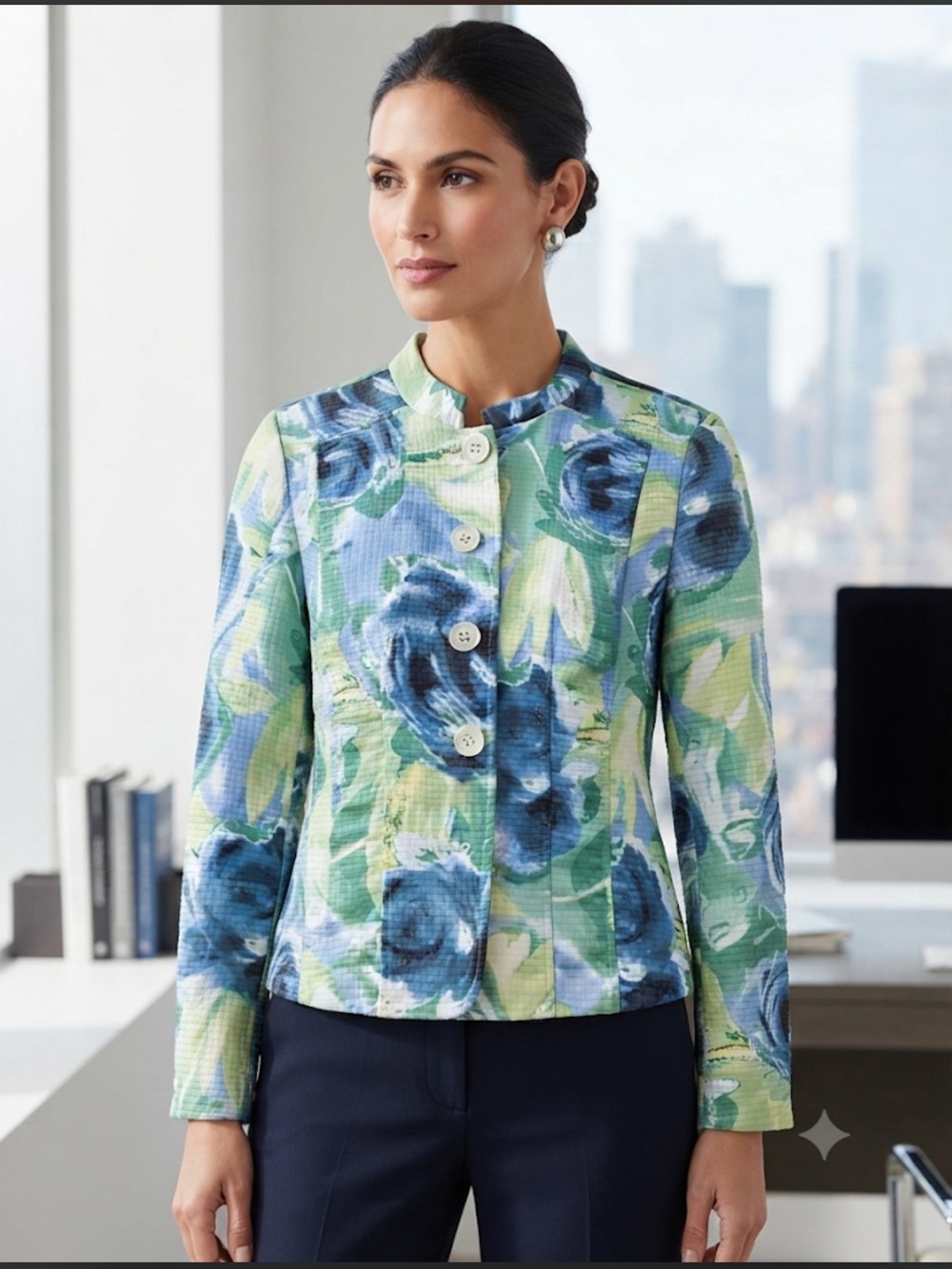 Vintage Christopher &BankFloral Print Button-Front Women's Jacket - Blue & Green